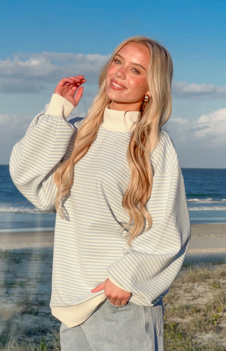 Flossy Mock Neck Blue Stripe Sweater view 3